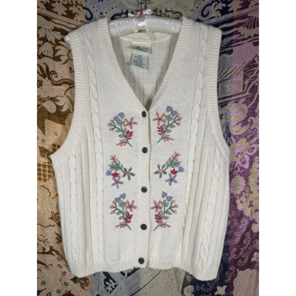 Cream Cable Knit Coastal Cottage Floral Embroidered Button Front Sweater Vest M